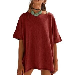 Free People Boxy Beach Cotton Roll Neck Sweater Short Sleeve, Burgundy, Small